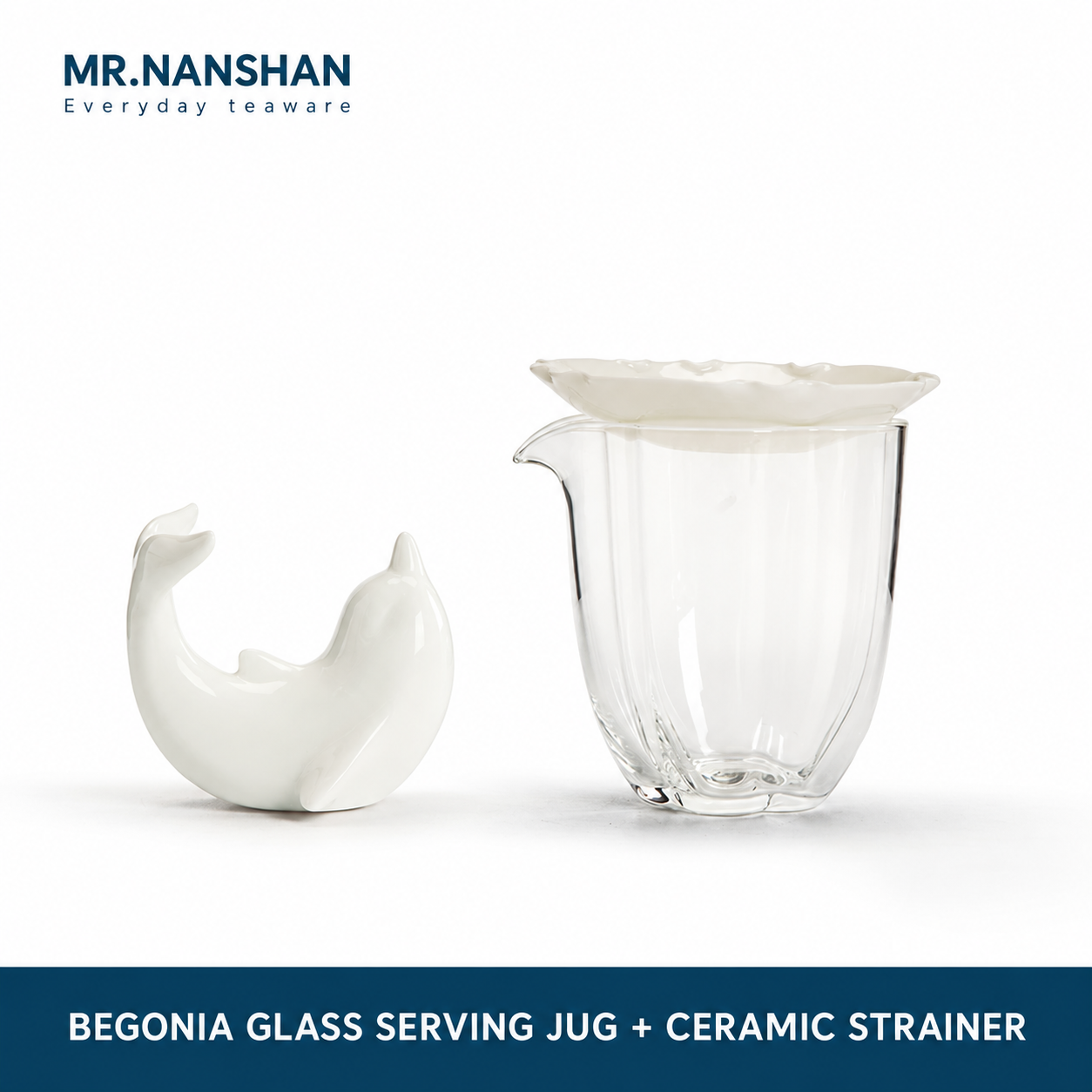 Tea pitcher and filter — clear with white fish detail
