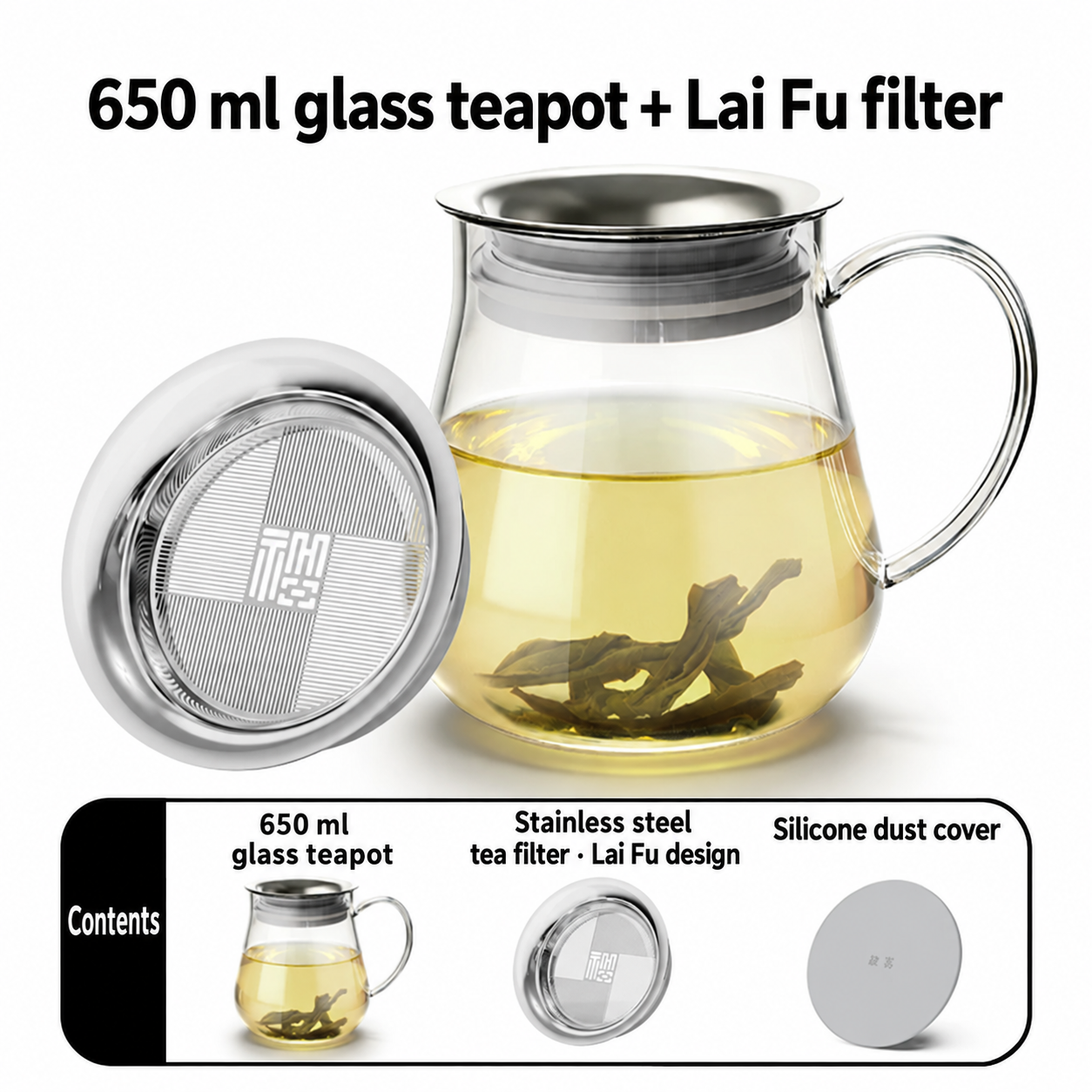 Glass teapot — clear · metal-tone lid