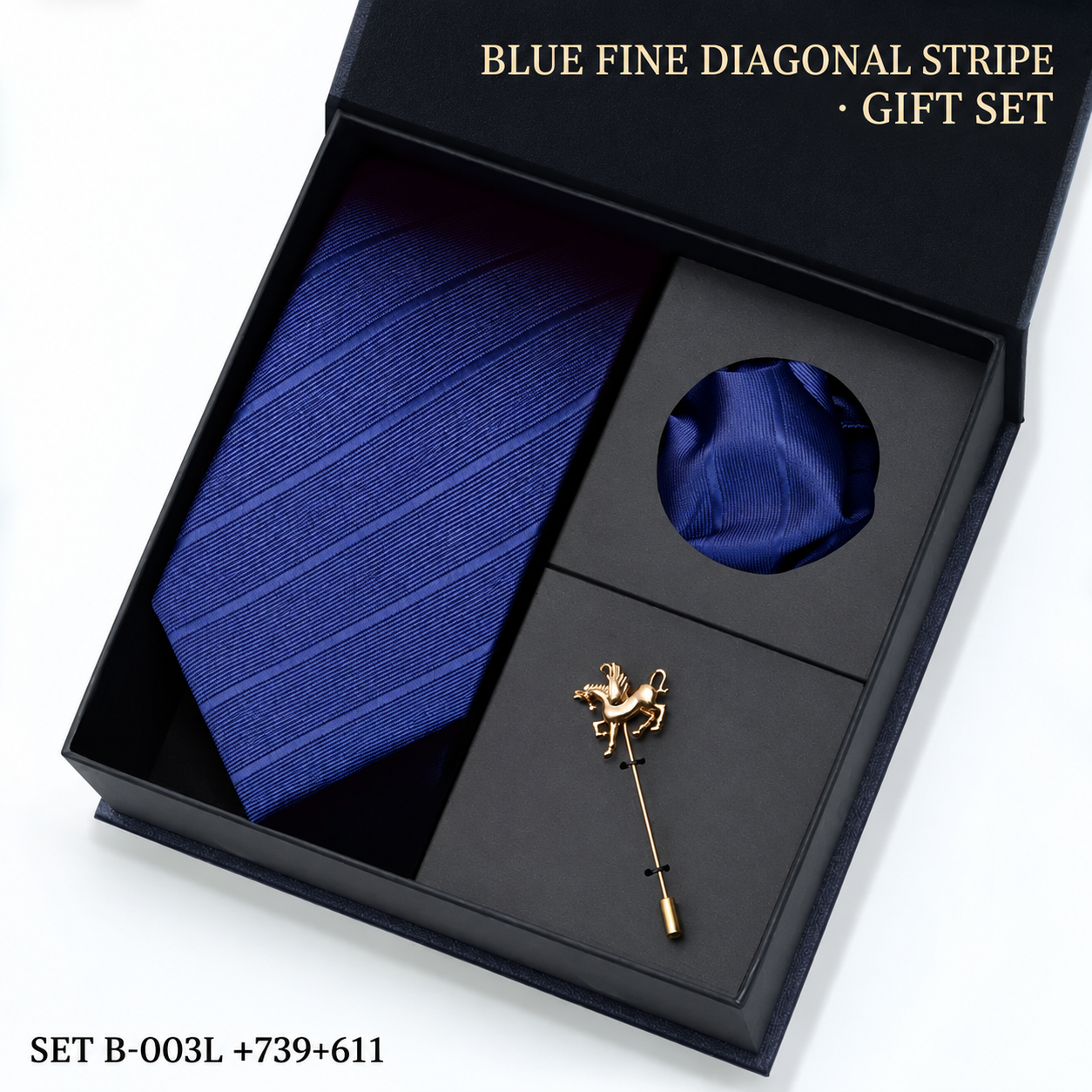 Tie, pocket square and pin set — blue · twill