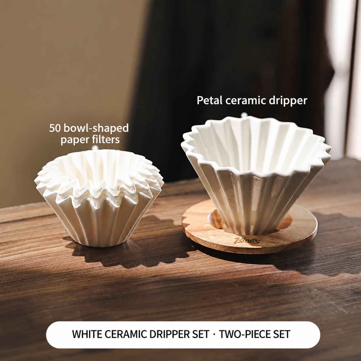 Pour-over filter and stand — white · petal shape