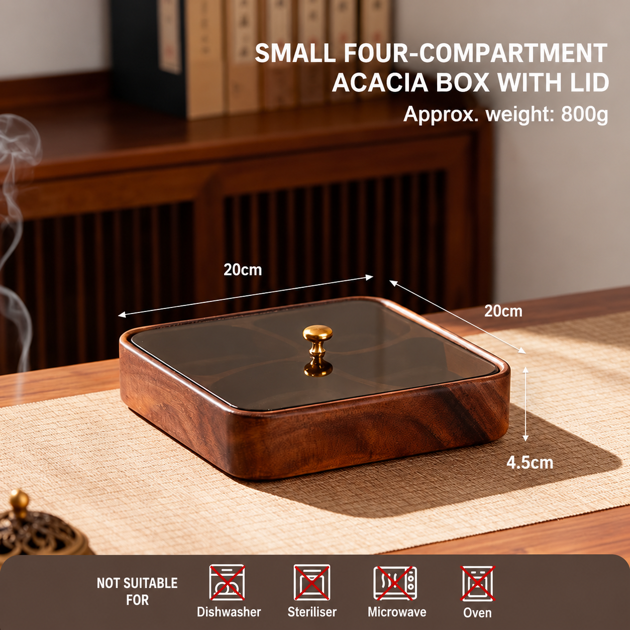 Lidded serving box — brown · four compartments